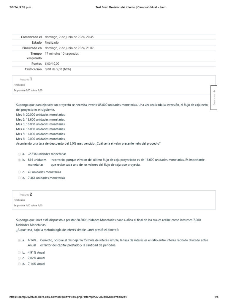 Test Final - 1 Intento Matematica Financiera | PDF