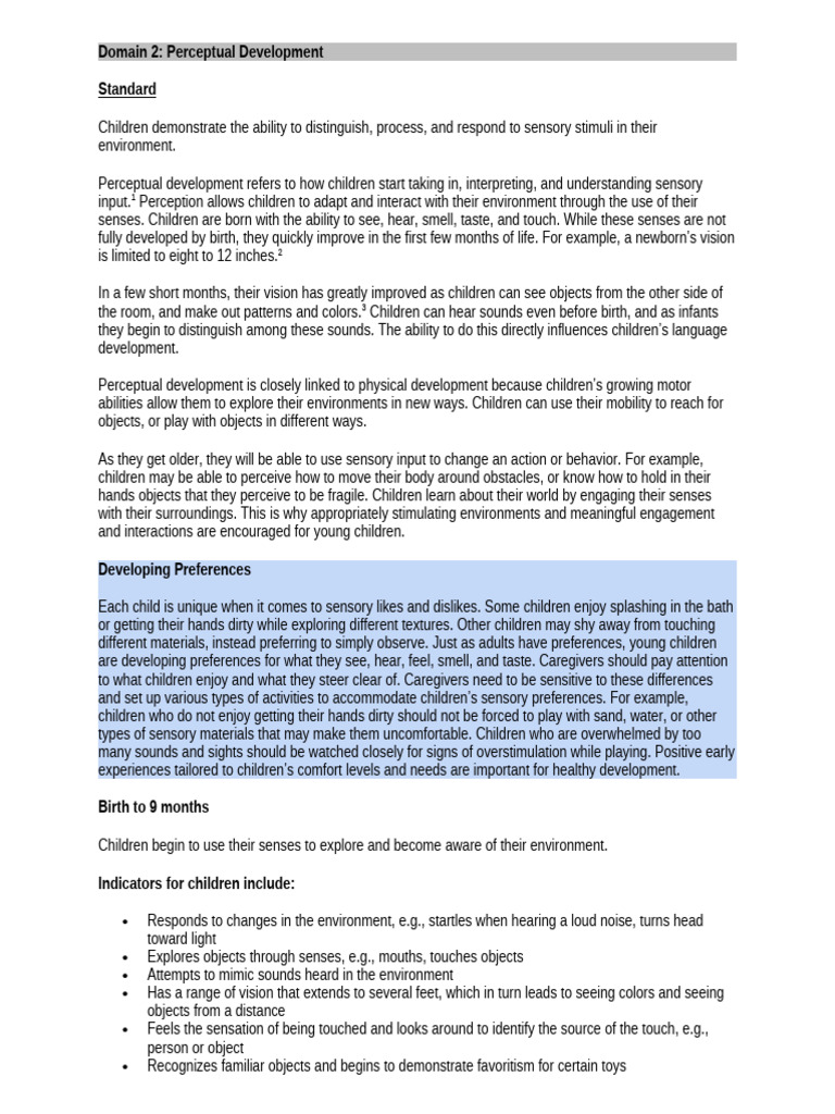 Developmental Domain 2 Perceptual Development Pdf