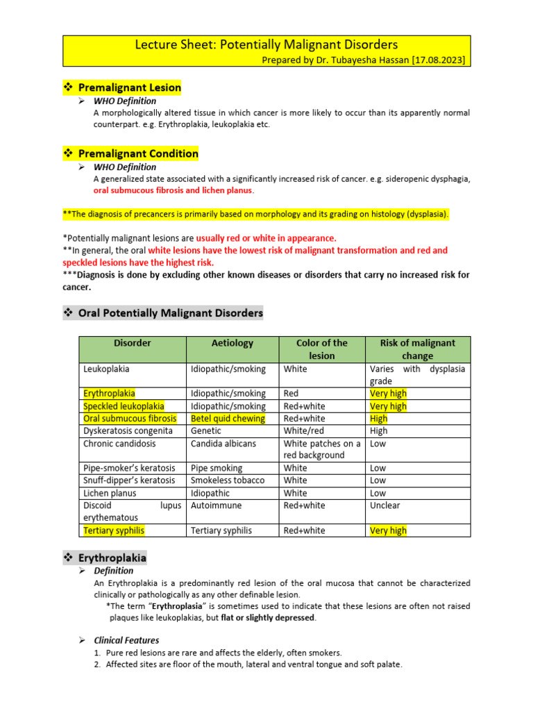 05 - Oral Pathology Lecture Sheet POTENTIALLY MALIGNANT DISORDERS | PDF