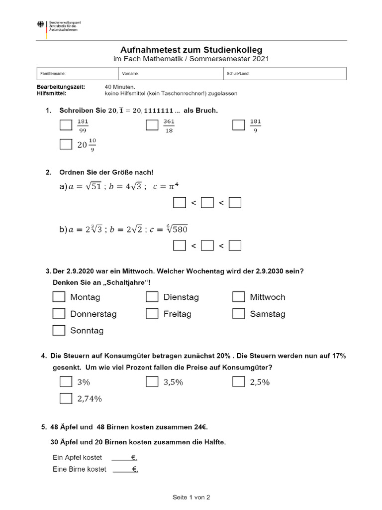 Aufnahmetest Studienkolleg Aufgaben | PDF