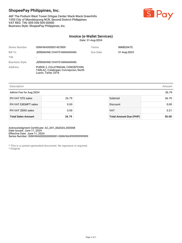 ShopeePay Invoice (Aug 2024) | PDF