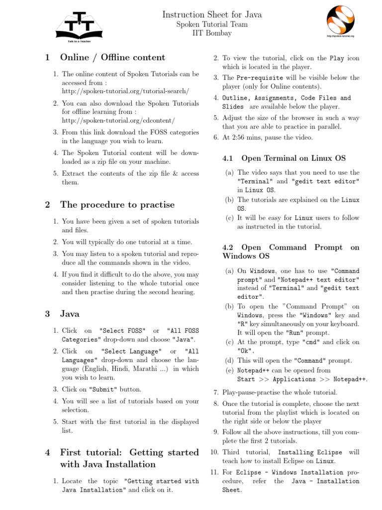 Java Instruction Sheet English | PDF