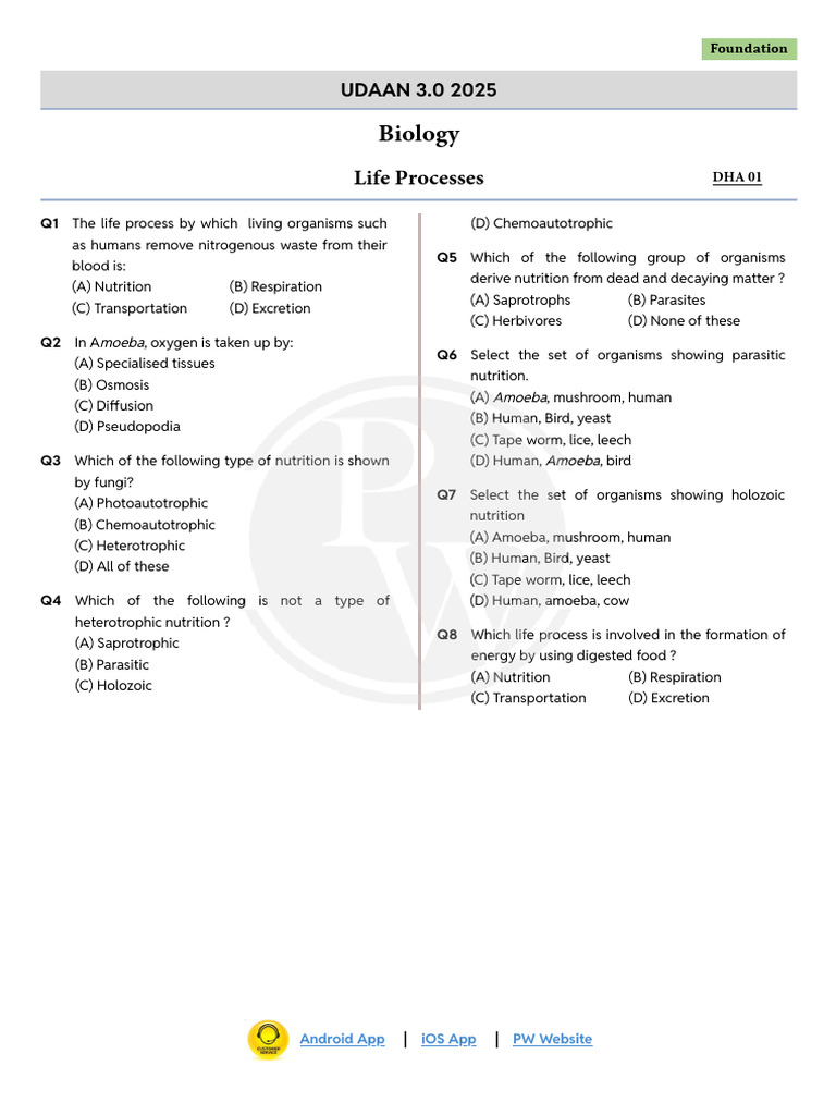 Life Processes - DHA 01 - Udaan 3.0 2025 | PDF