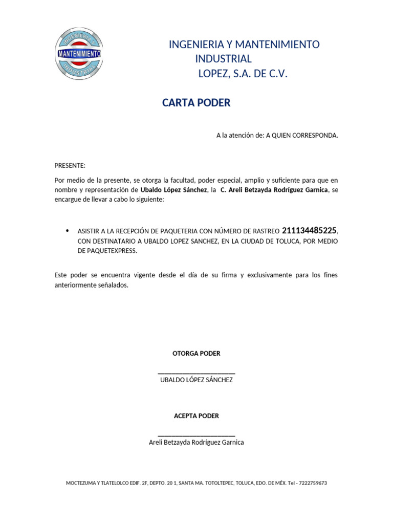Carta Poder Recepción de Mercancia | PDF