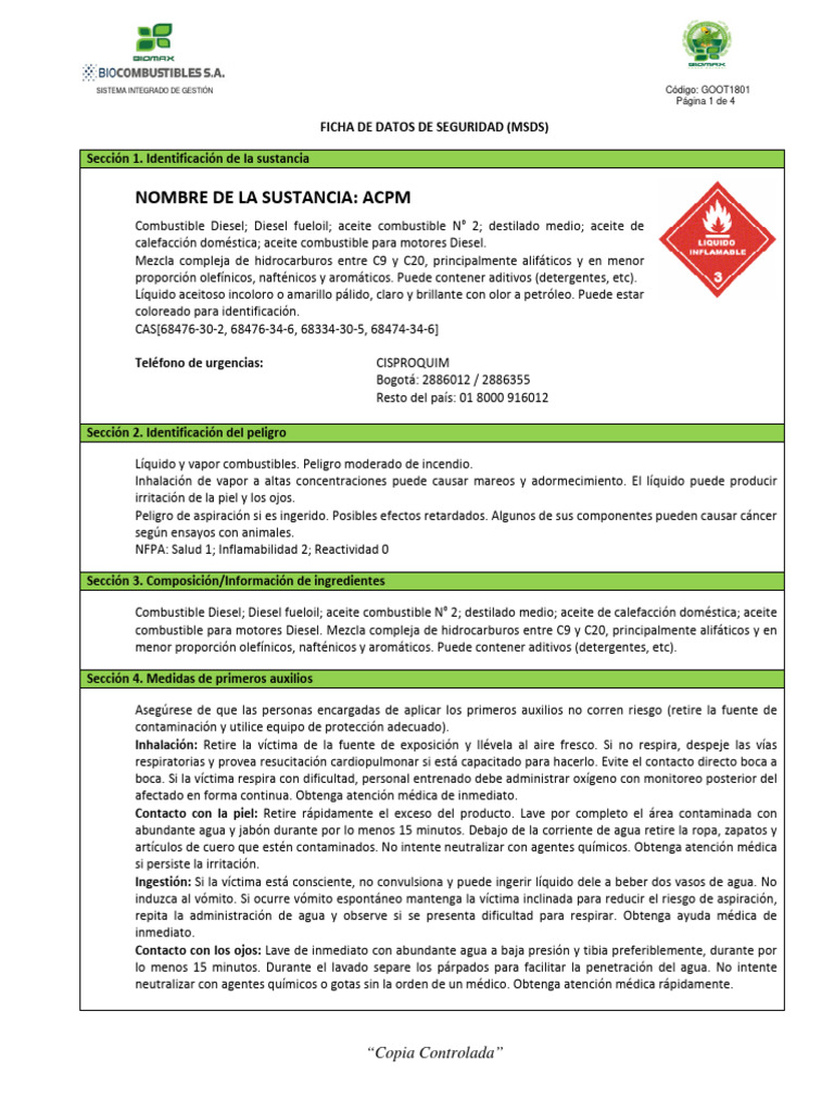 Ficha de Seguridad ACPM y Riesgos Asociados | PDF | Agua | Combustible ...