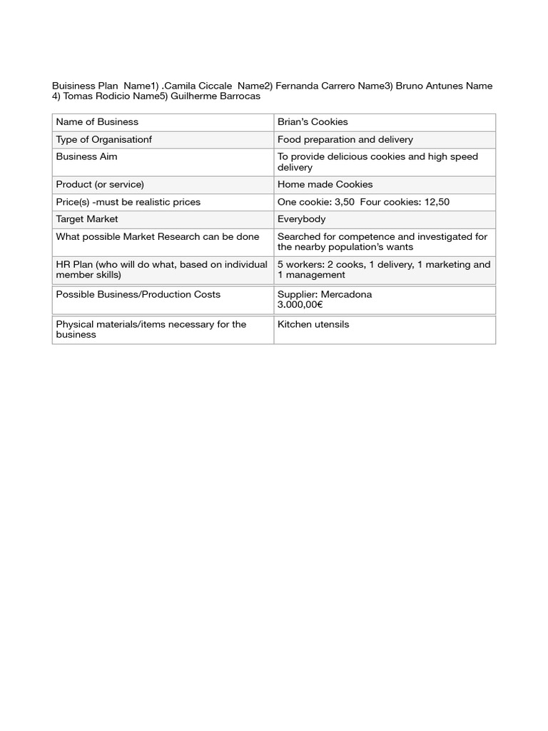Buisiness Plan Name1) Camila Ciccale Name2) Fernanda Carrero Name3 PDF