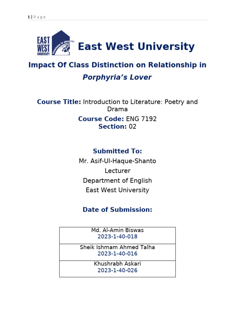 Impact of Class Distinction On Relationship in Porphyria's Lover | PDF