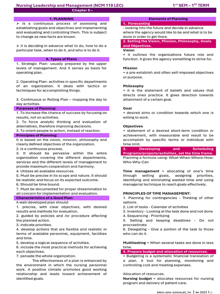 Chapter 5 - Planning in Nursing Managementt | PDF