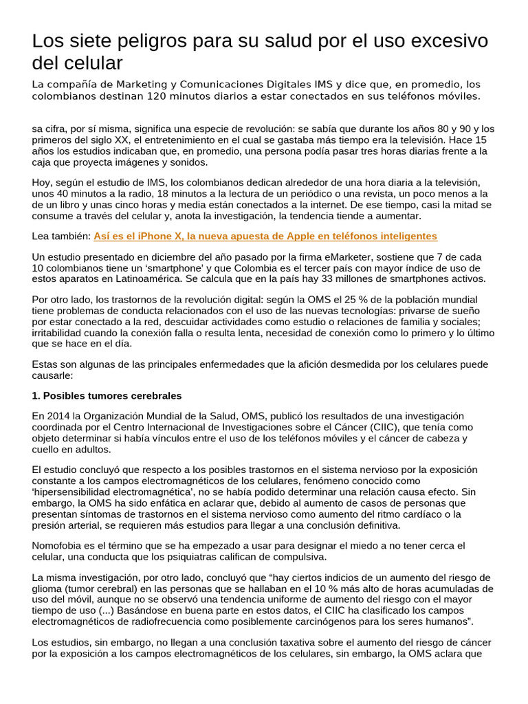 Los Siete Peligros para Su Salud Por El Uso Excesivo Del Celular | PDF