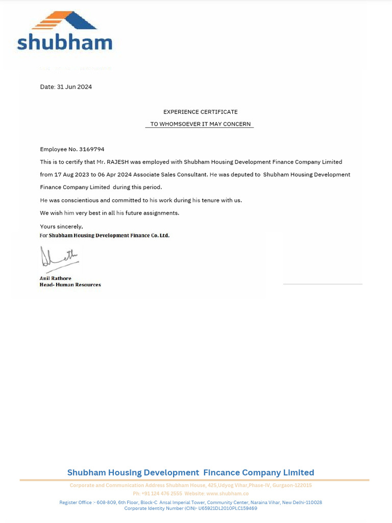 Rajesh Experience Letter of Shubham Housing and Development Finance ...