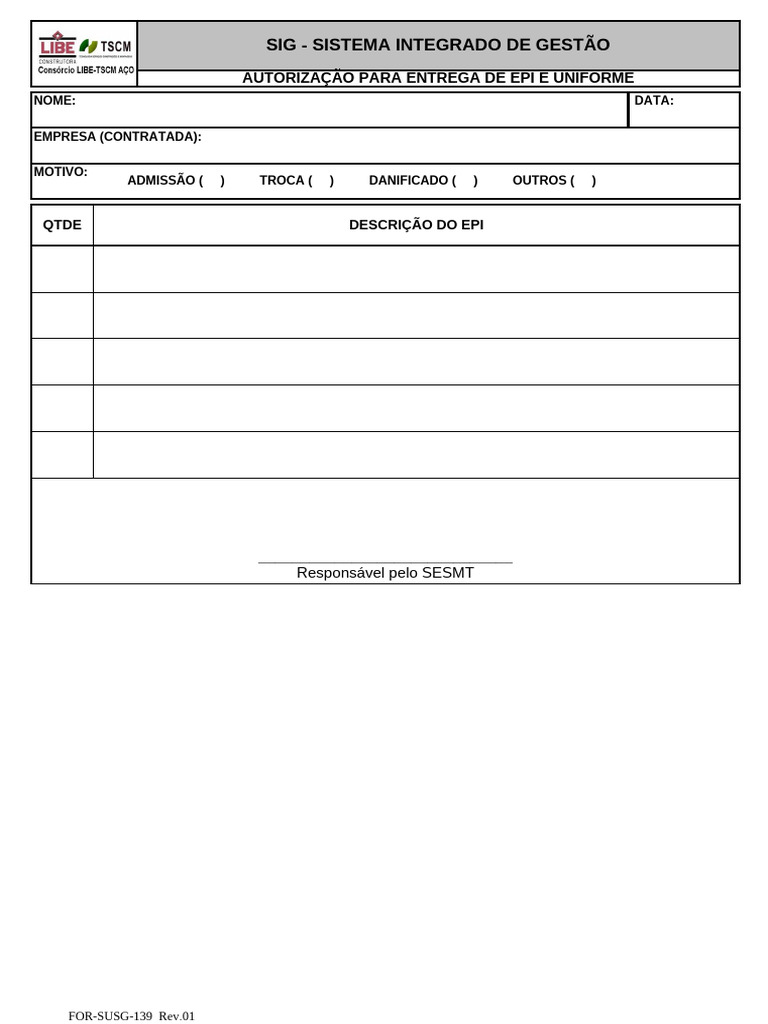FOR-SUSG-139 - Autorização de Entrega de EPI Rev 01 | PDF