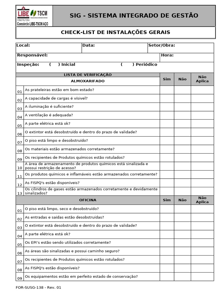 FOR-SUSG-138 - Check-List Instalações Gerais REV 00 | PDF