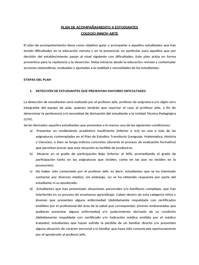 Plan de Acompañamiento A Estudiantes | PDF