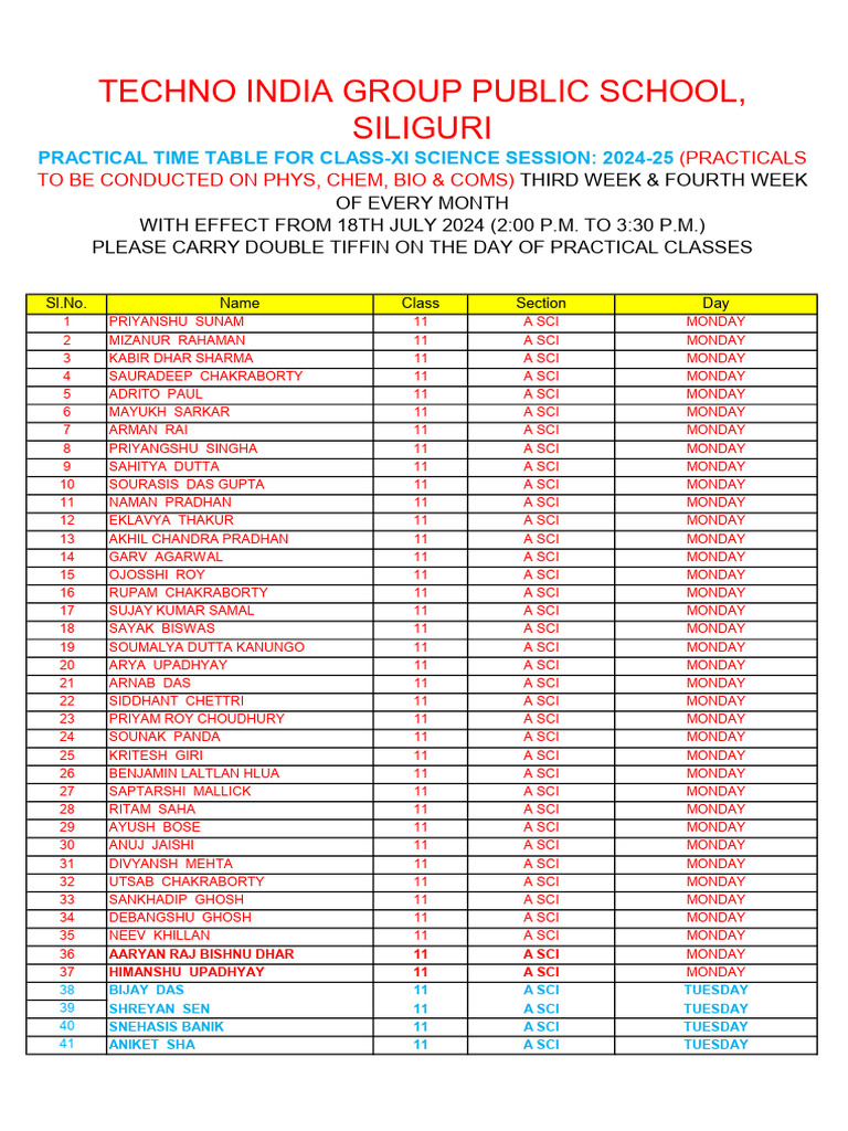 Xi-Sc Practical Time Table For 2024-25 | PDF