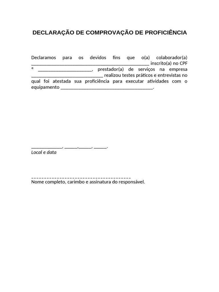 Modelo 10 Declara O De Profici Ncia Do Operador Comprovante De 