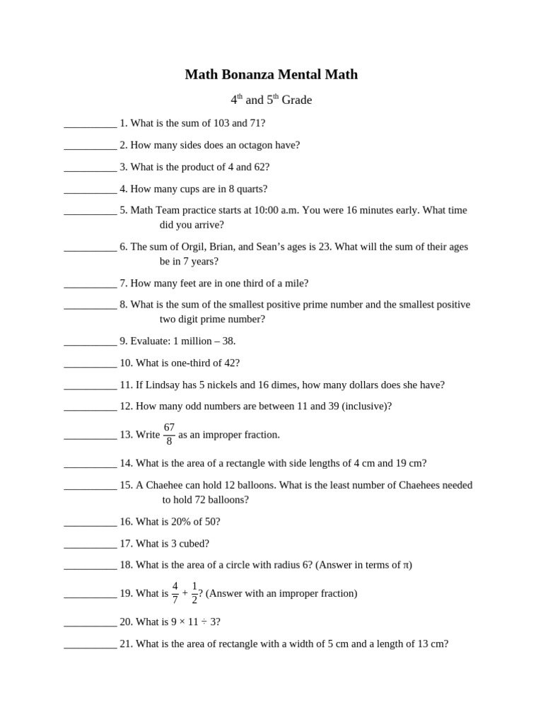 Math Bonanza Mental Math | PDF