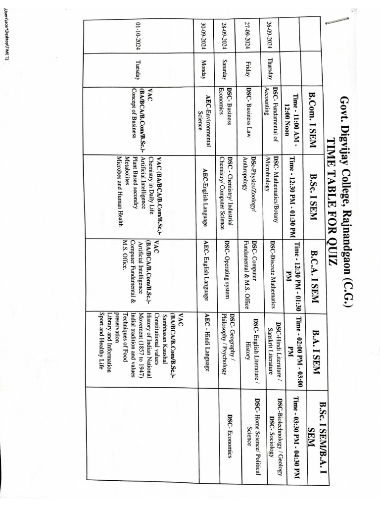 Time Table Pdf