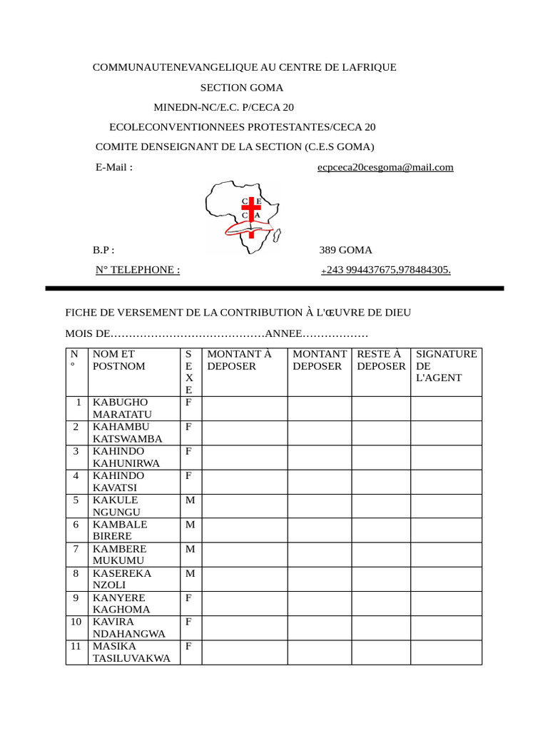 Contribution Form for CECA 20 Goma | PDF