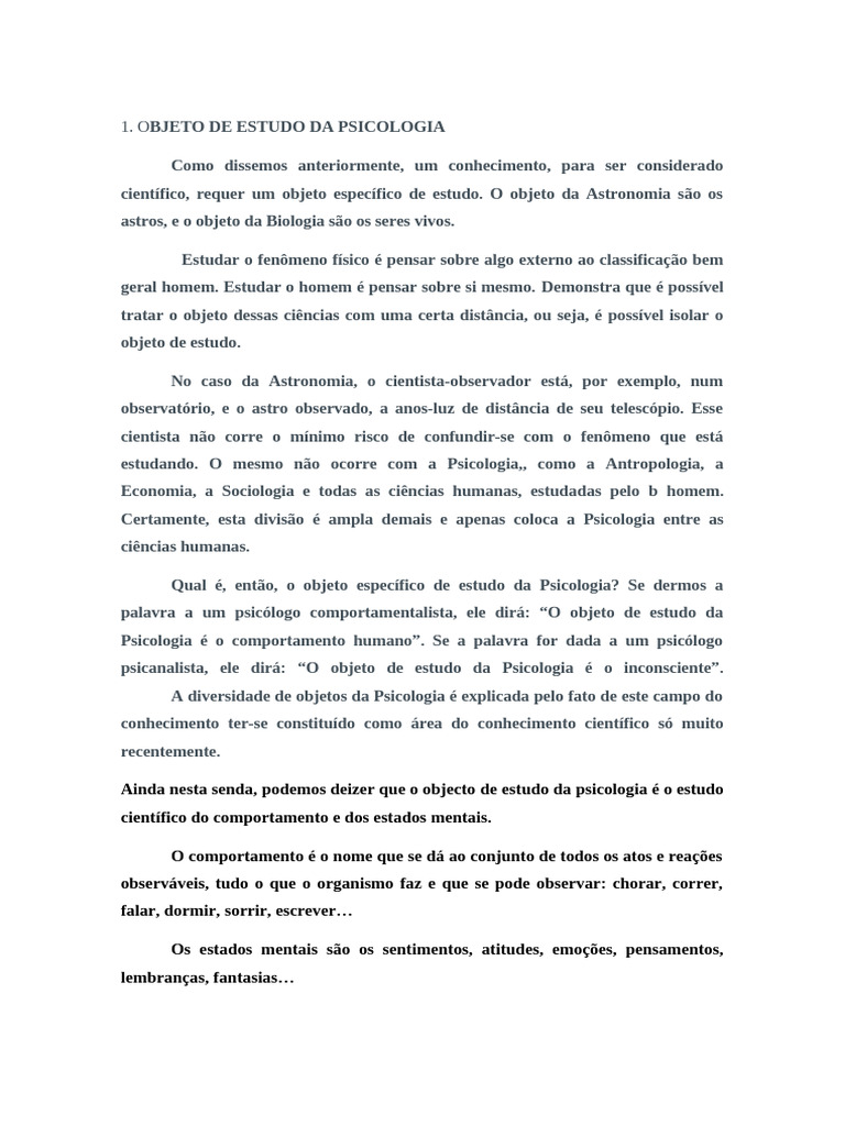 Objecto de Estudo Da Psicologia 1 | PDF