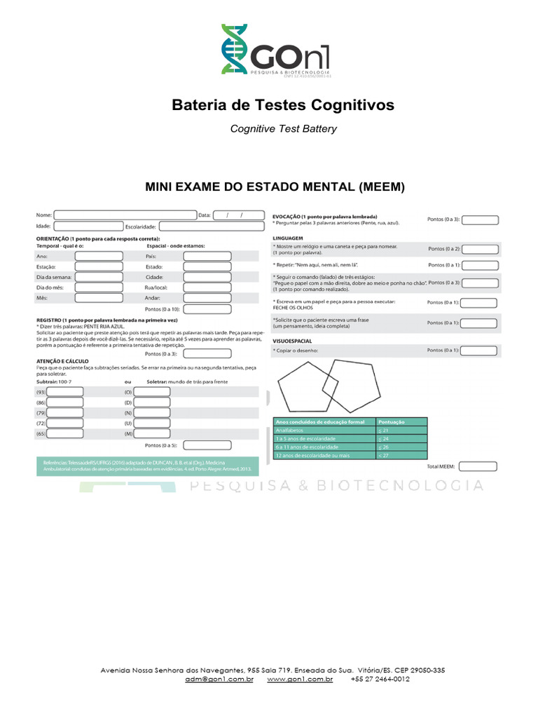 Bateria de testes cognitivos pdf