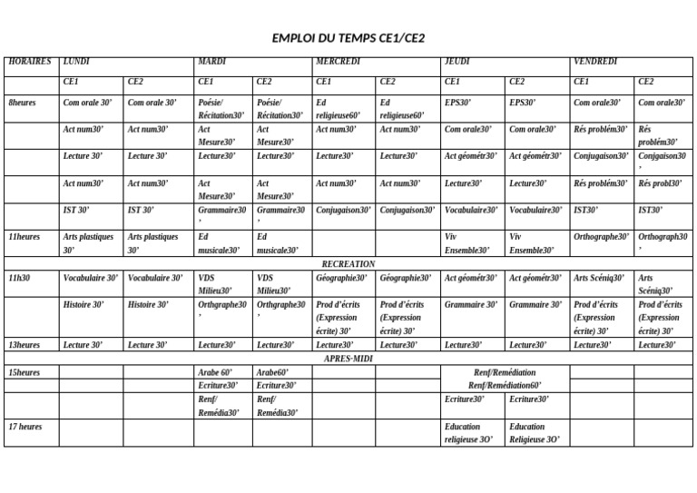 Emploi du Temps CE1/CE2 2024 | PDF