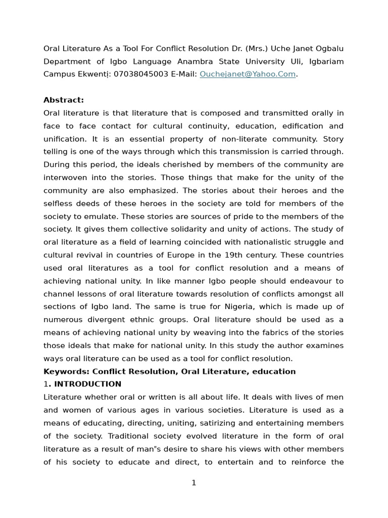 Oral Literature for Conflict Resolution | PDF | Folklore | Nationalism