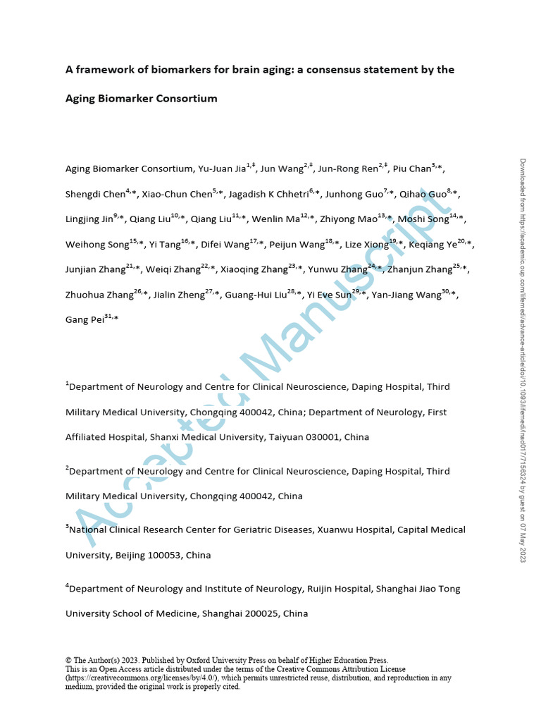A Framework of Biomarkers For Brain Aging - A Consensus Statement by ...