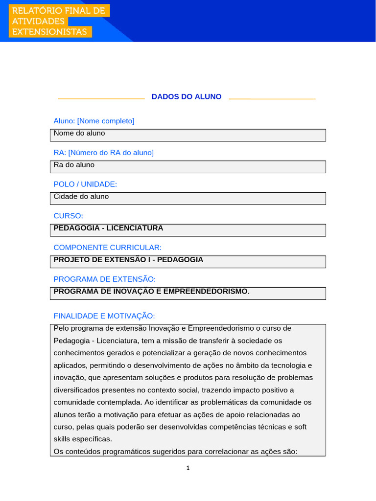 01 - Projeto de Extensão I - Pedagogia | PDF
