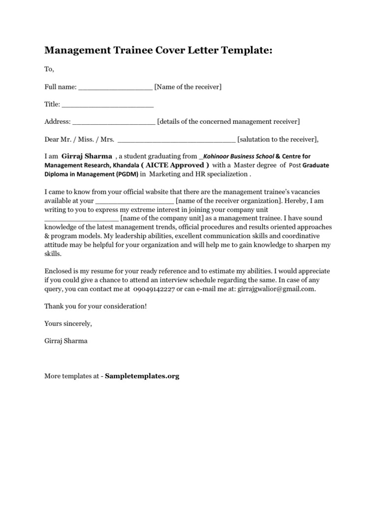 Management Trainee Cover Letter Master Of Business Administration Postgraduate Education