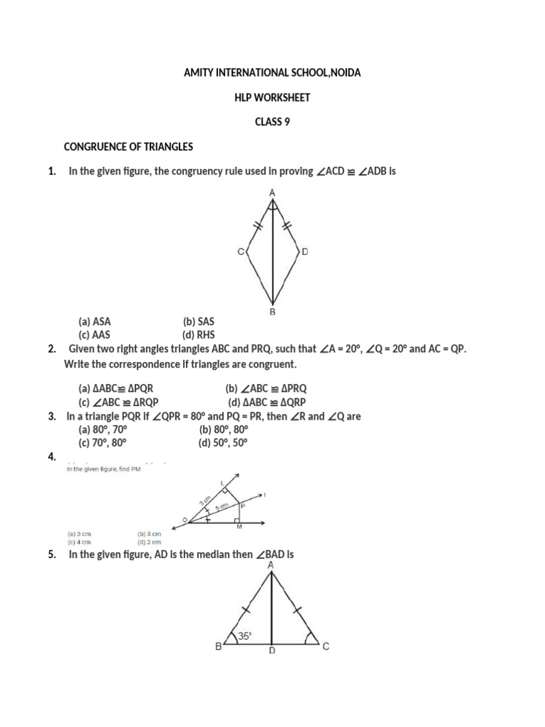 Amity International School, Noida HLP Worksheet Class 9 Congruence of ...