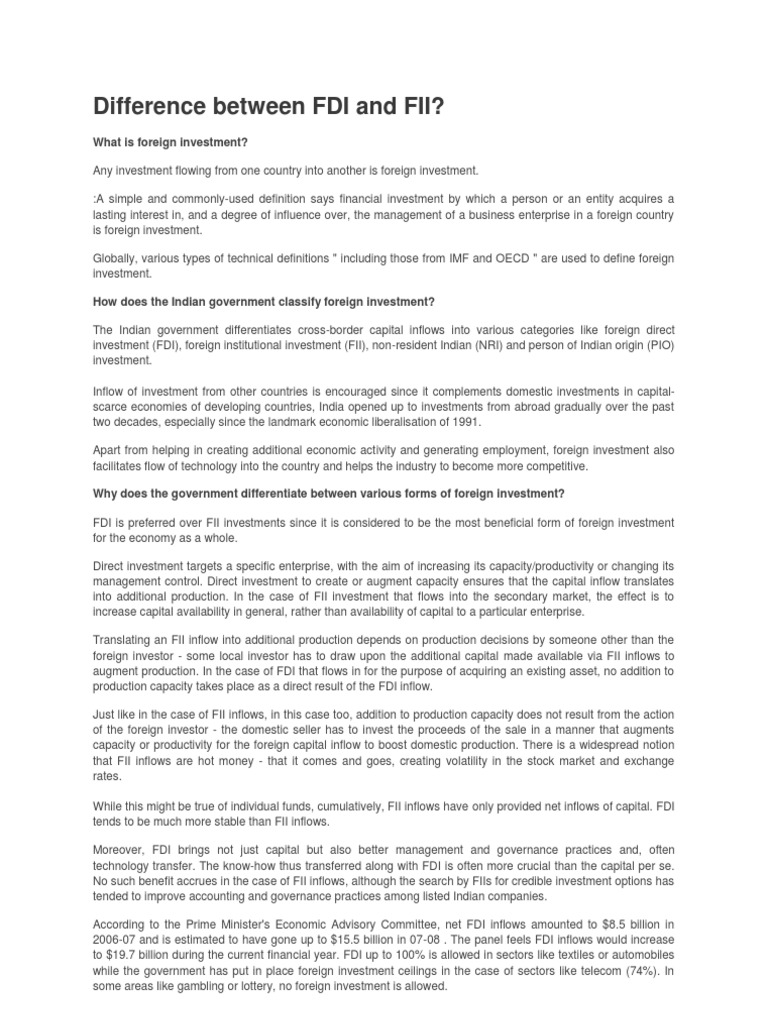 FDI vs FII: Key Differences Explained | PDF | Foreign Direct Investment ...
