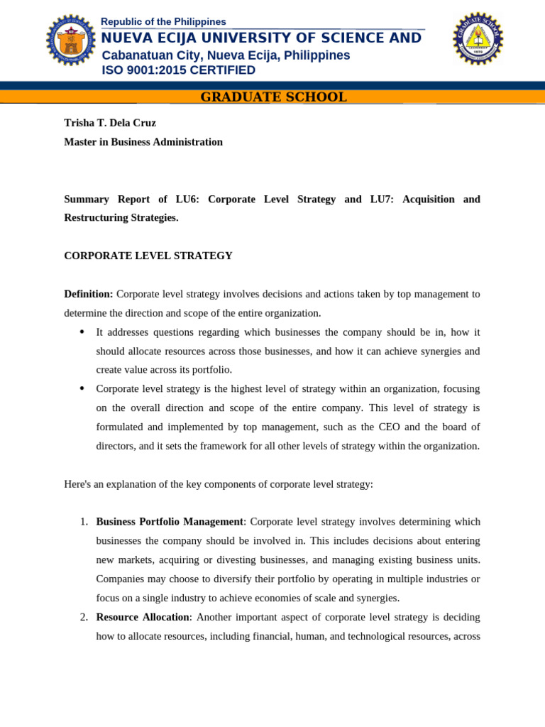 Summary of Report - Corporate Level Strategy - Dela Cruz, Trisha T ...