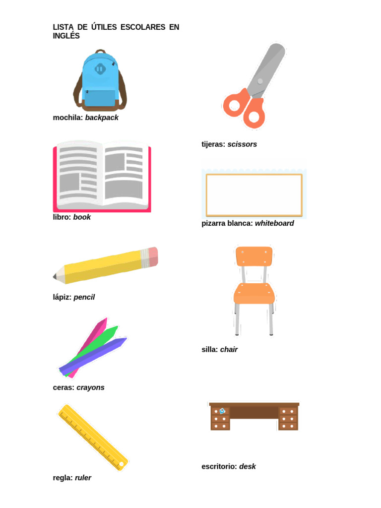 Lista de Útiles Escolares en Inglés | PDF