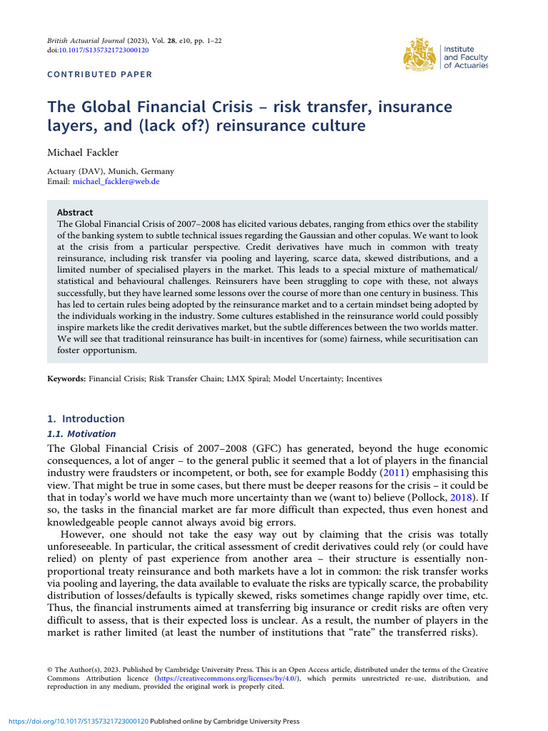 The Global Financial Crisis Risk Transfer Insurance Layers and Lack of ...