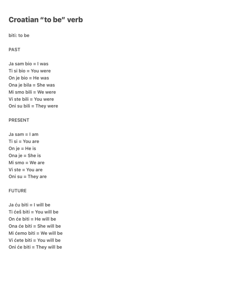 Croatian “to Be” Verb PDF