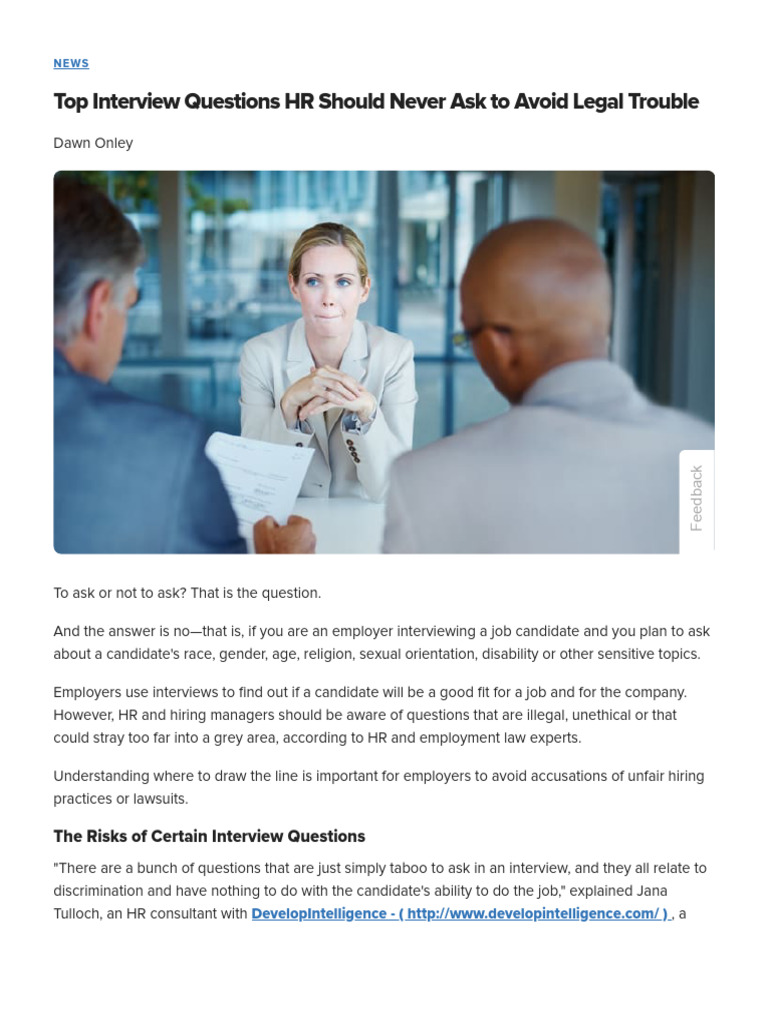 Top Interview Questions HR Should Never Ask To Avoid Legal Trouble | PDF