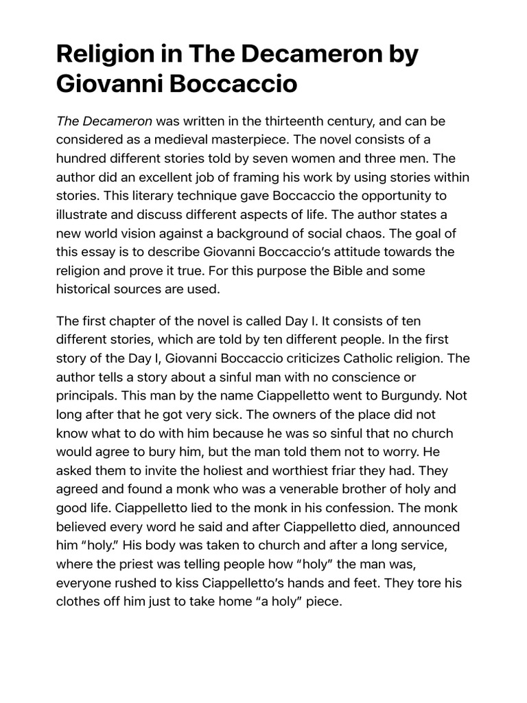 Religion in The Decameron by Giovanni Boccaccio Essay Sample | PDF