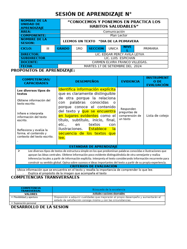 Sesión de Plan Lector Leemos Un Texto Dia de La Primavera 17 de La ...