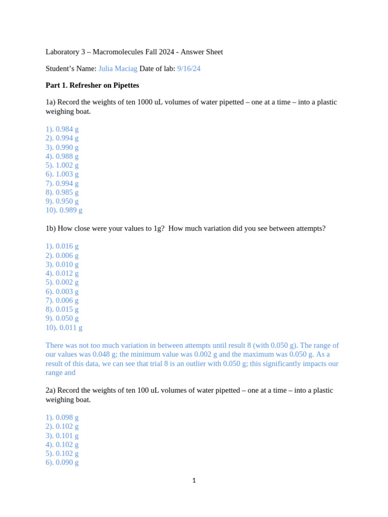 Lab 3 Macromolecule Answer Sheet 2024 | PDF