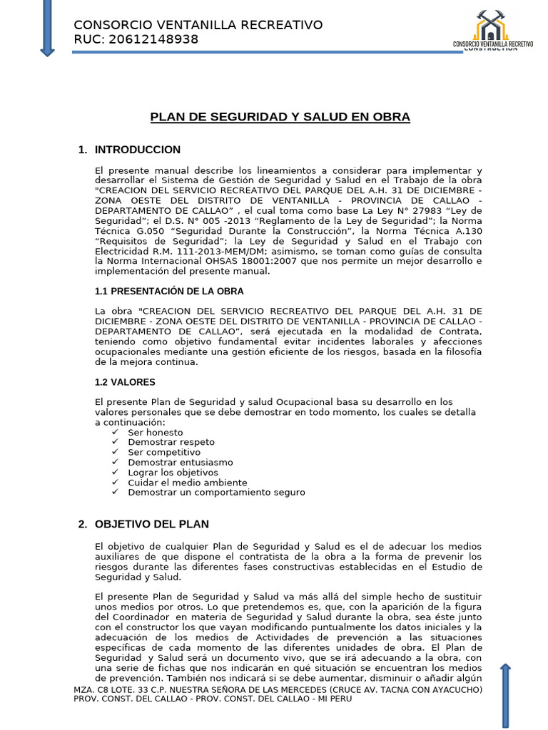 Plan de Seguridad y Salud en El Trabajo de Obra - 31 de Diciembre | PDF