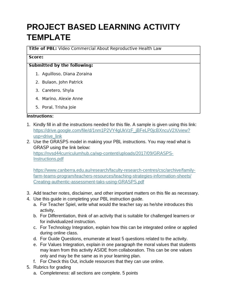 Project Based Learning Activity Template | PDF