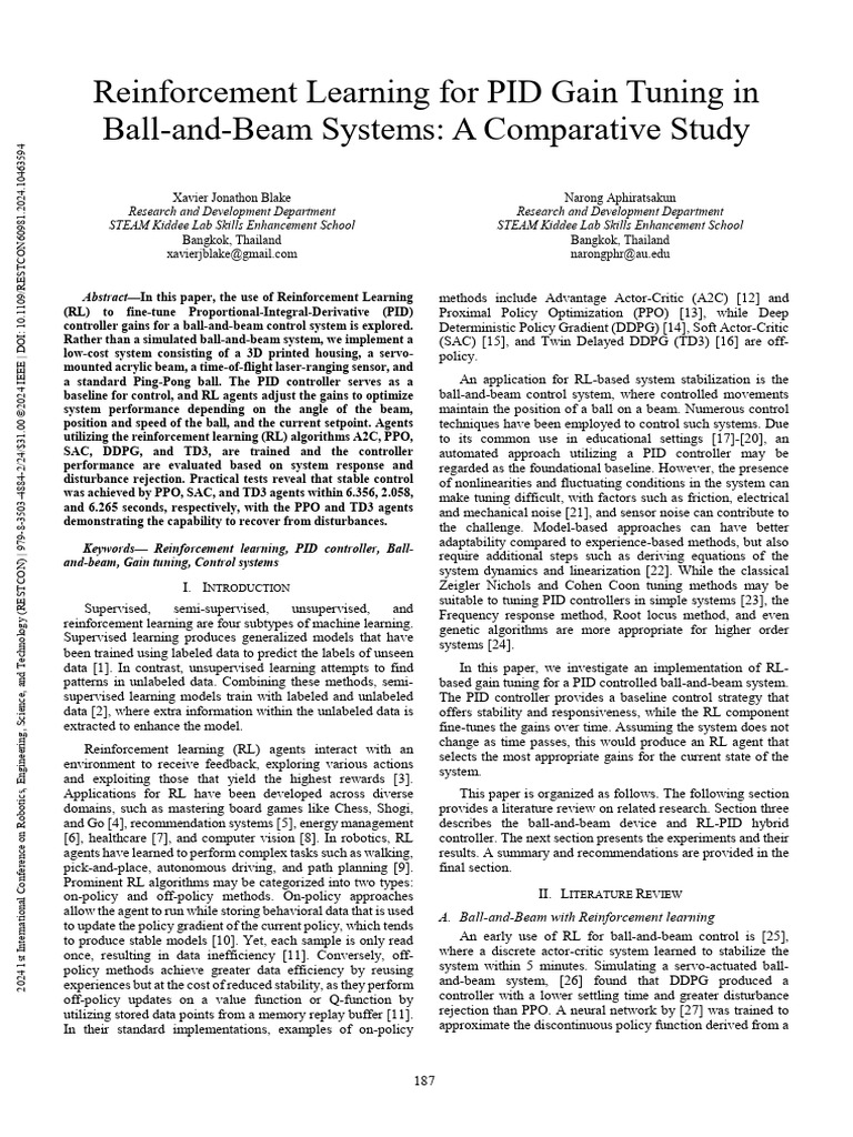 Reinforcement learning for pid gain tuning in ball and beam systems a