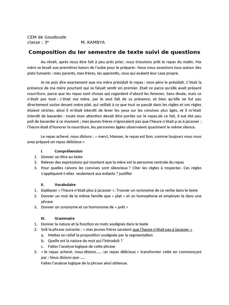 Devoir de TSQ 3eme | PDF