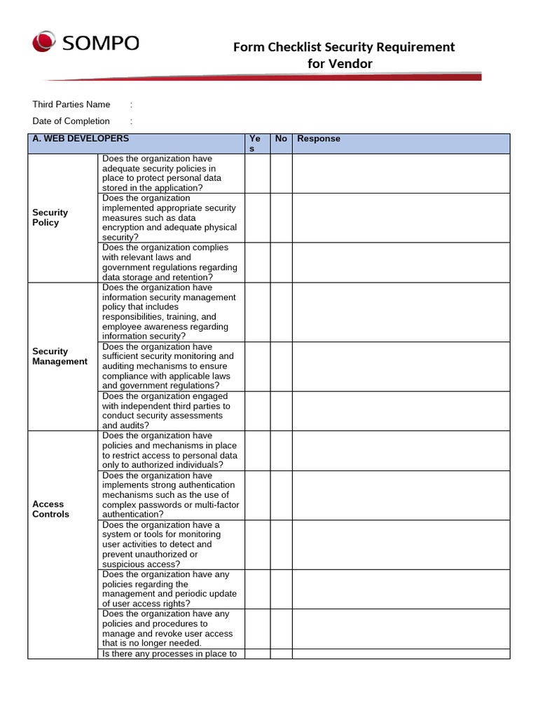 Form Checklist Security Requirement For Vendor | PDF