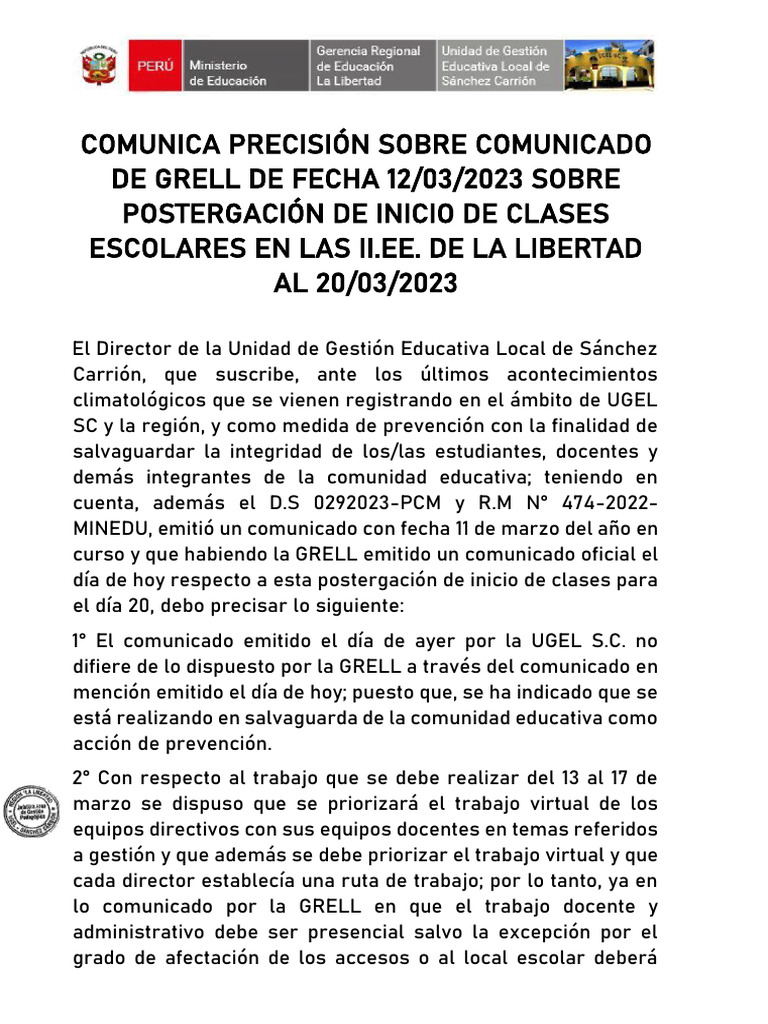 Comunicado-Postergación de Inicio de Clases 2023 Ugel SC | PDF