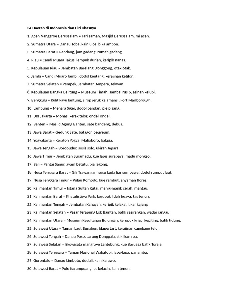 Ciri Khas 34 Daerah di Indonesia | PDF | Foods | Southeast Asia