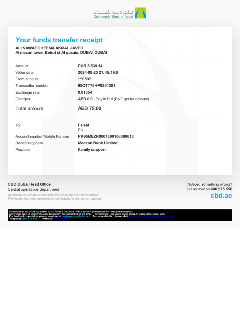 Your Transfer Receipt - Ref. 99OTT75HP0254301 | PDF