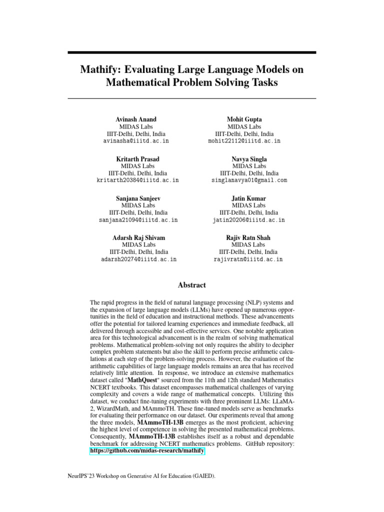 Mathify Evaluating Large Language Models On | PDF