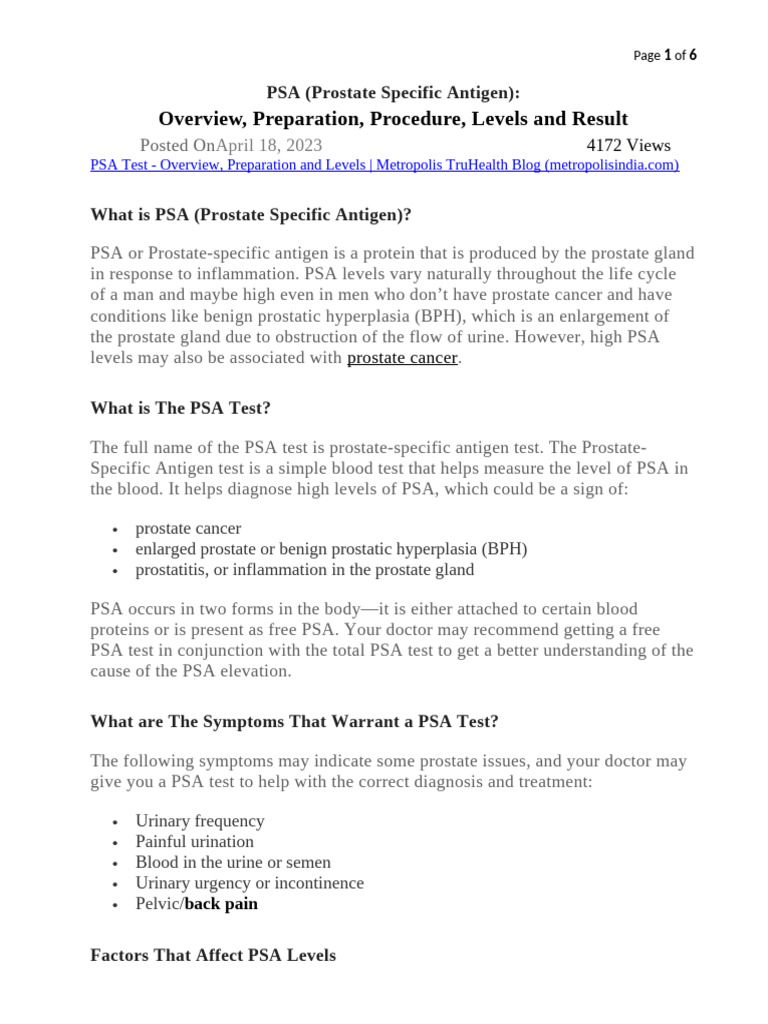 PSA Test - Overview, Preparation, Procedure, Levels and Result | PDF