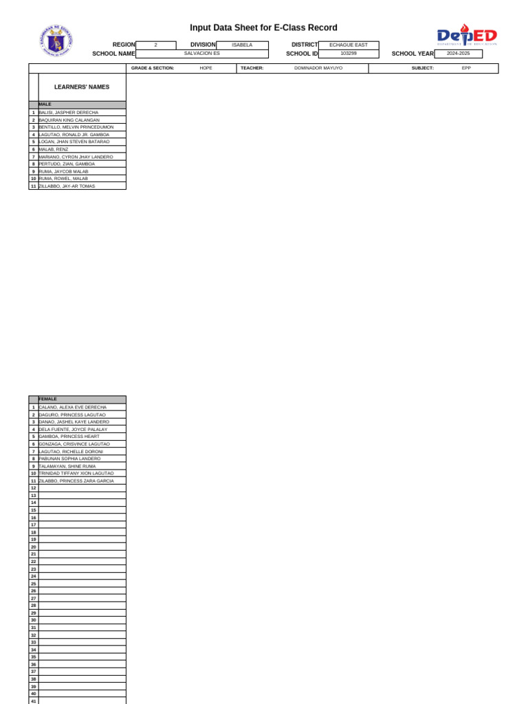 Input data sheet for e class record region division district school